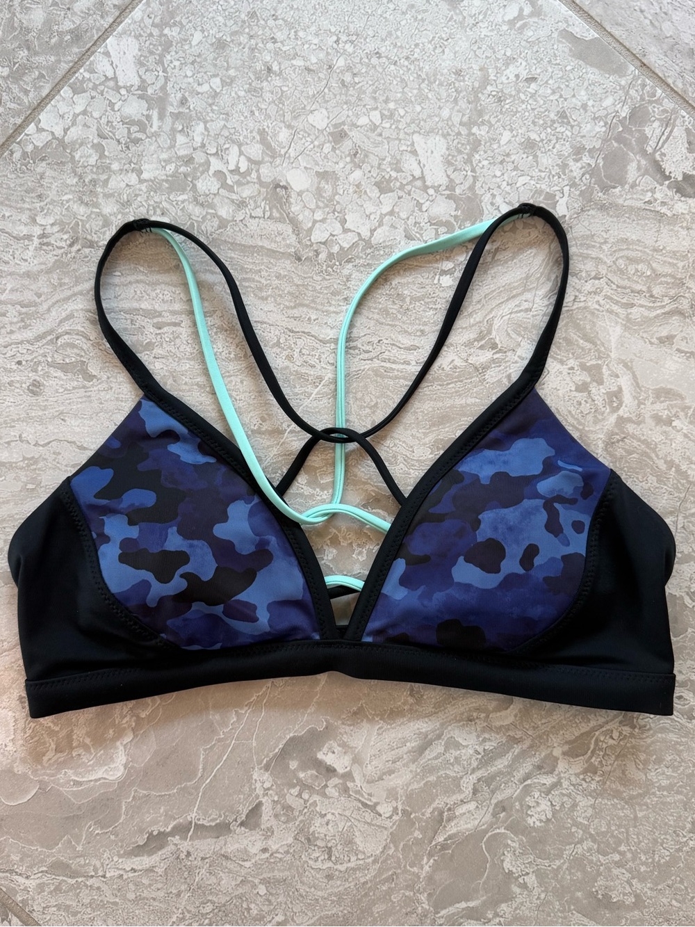 Athleta Black & Blue Camo Strappy Bikini Top, Size Small